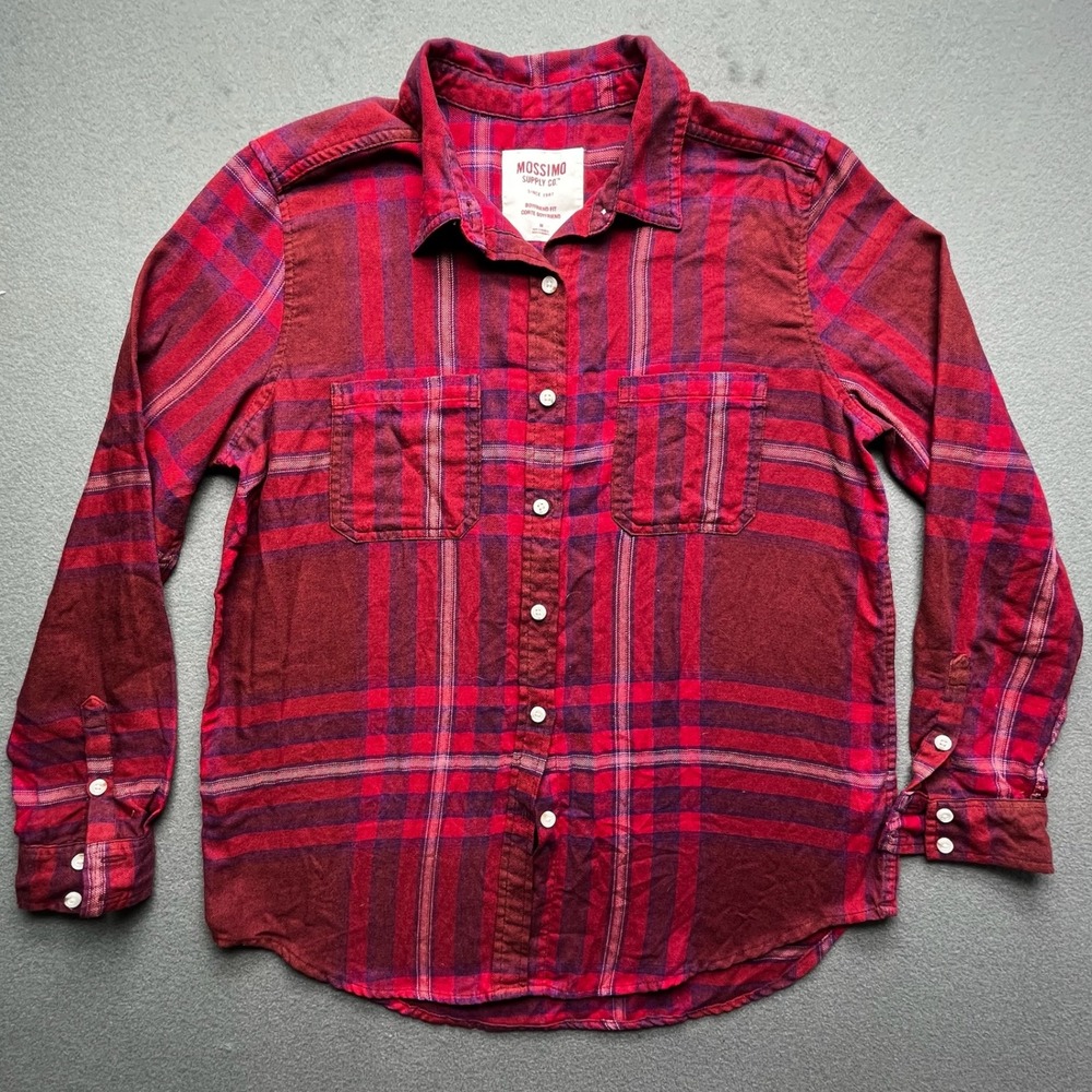 Mossimo Supply Co Women Plaid Button Up Shirt Cotton  Red Purple M Boyfriend Fit